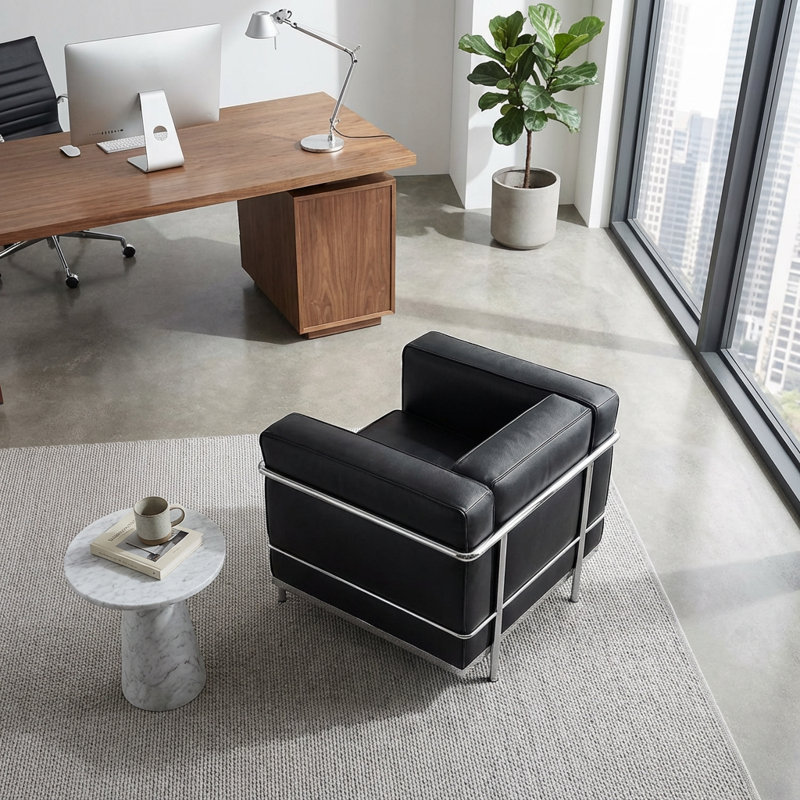 Wrought Studio™ Modern Black Genuine Leather Armchair With Chrome